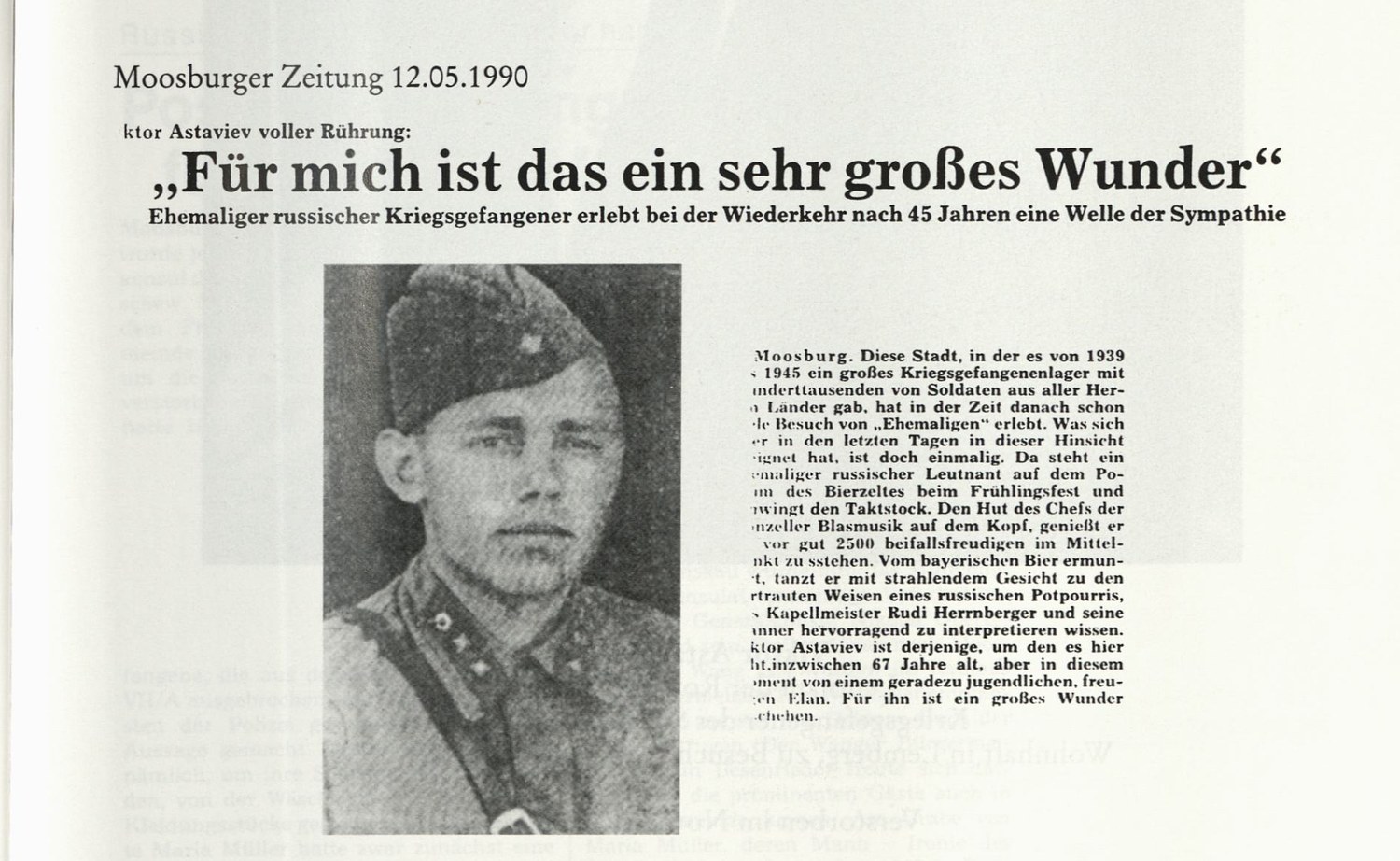 Заметка «Moosburger Zeitung» от 12 мая 1990 года «Für mich ist das ein sehr großes Wunder» с портретом Виктора Астафьева военных лет